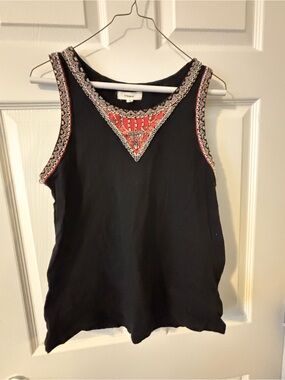 Freeway Black Sleeveless Tank with Red and White Embroidered Trim